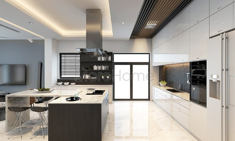 Mẫu tủ bếp chữ i gỗ Acrylic hiện đại, liền kề là chiếc bàn đảo tích hợp công năng là bàn ăn phụ tạo tiện nghi cho chủ nhân ngôi nhà Tủ bếp đẹp, tủ bếp đẹp hiện đại, tủ bếp An Cường, tủ bếp cao cấp