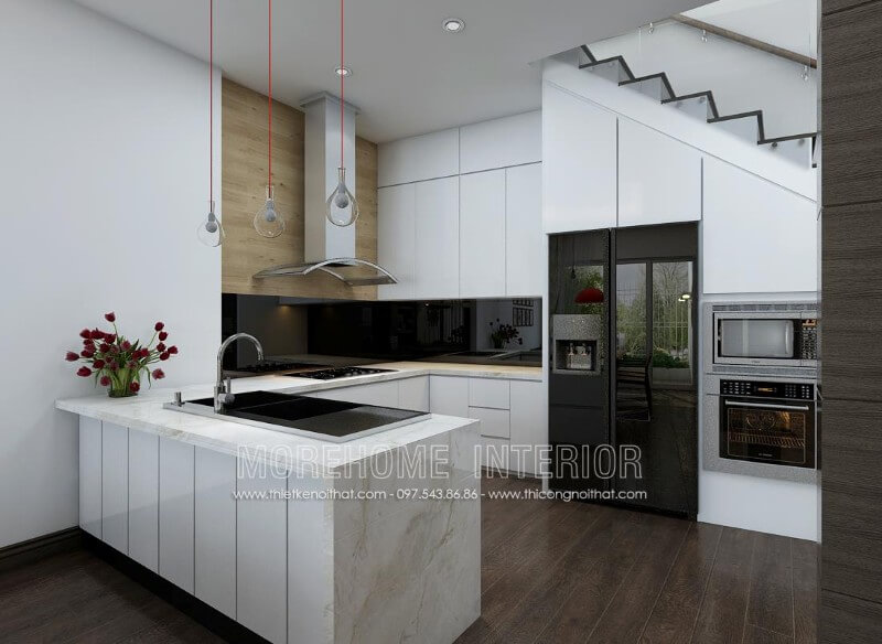 Một trong những mẫu tủ bếp gỗ công nghiệp giá rẻ được lựa chọn nhiều tại Morehome Tủ bếp gỗ công nghiệp và tủ bếp acrylic
