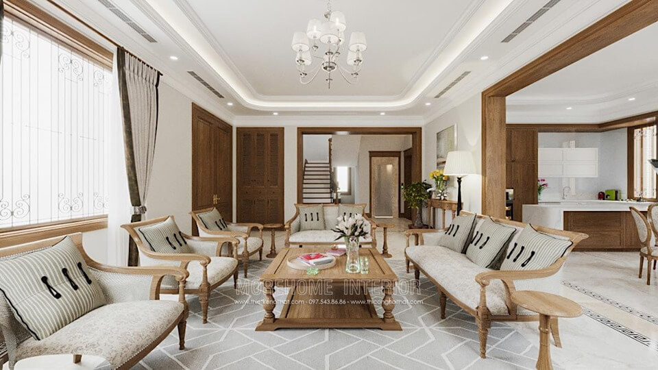 Morehome đem đến cho khách hàng mẫu thiết kế nội thất phòng khách cao cấp với chất liệu gỗ tự nhiên màu sắc nhẹ nhàng, tinh tế Mẫu nội thất biệt thự đẹp