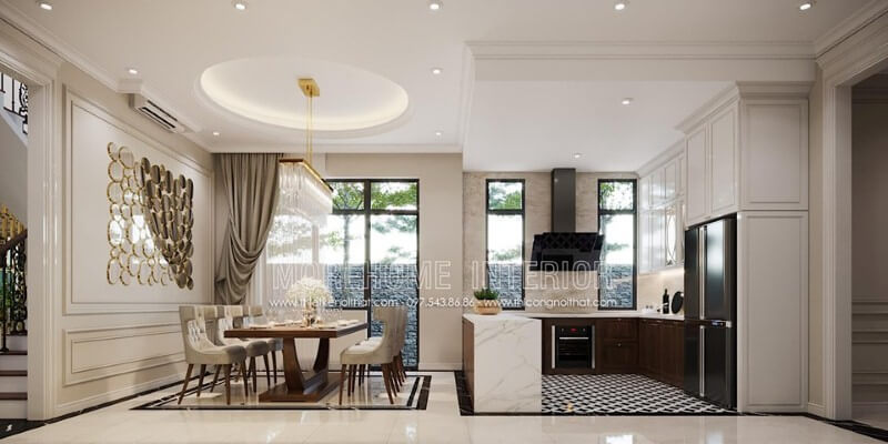 Trang trí nội thất mở sang trọng từ phòng ăn liền bếp không vách ngăn. Mẫu nội thất biệt thự đẹp