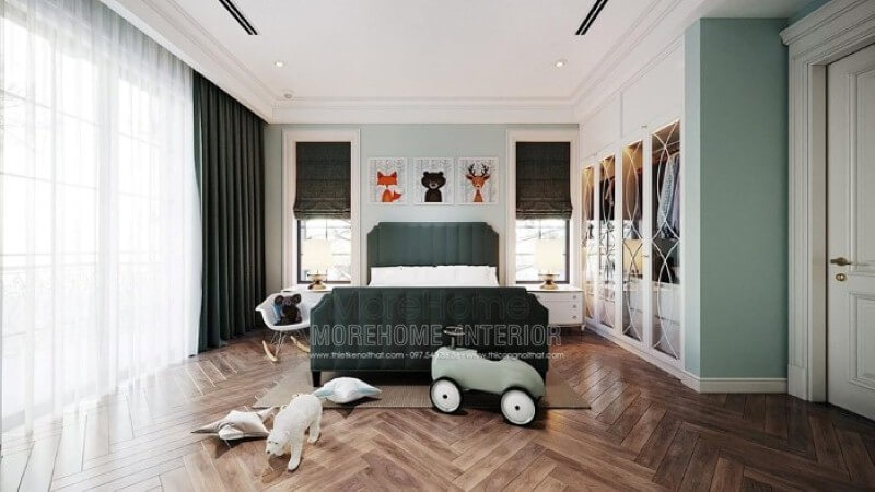 Giường ngủ bọc nệm màu xanh đẹp độc đáo cho phòng trẻ em. Mẫu nội thất biệt thự đẹp