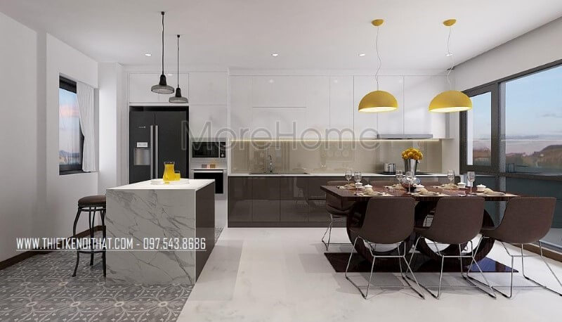 Trang trí phòng ăn lồng phòng bếp hiện đại tạo nên không gian vừa đẹp vừa tiện nghi vừa sang trọng. Mẫu nội thất biệt thự đẹp