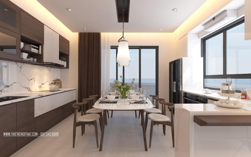 Trang trí nội thất phòng bếp ăn hiện đại sang trọng, độc đáo với điểm nhấn gỗ óc chó từ tủ bếp, bộ bàn ăn,bàn đảo bếp. Mẫu nội thất biệt thự đẹp