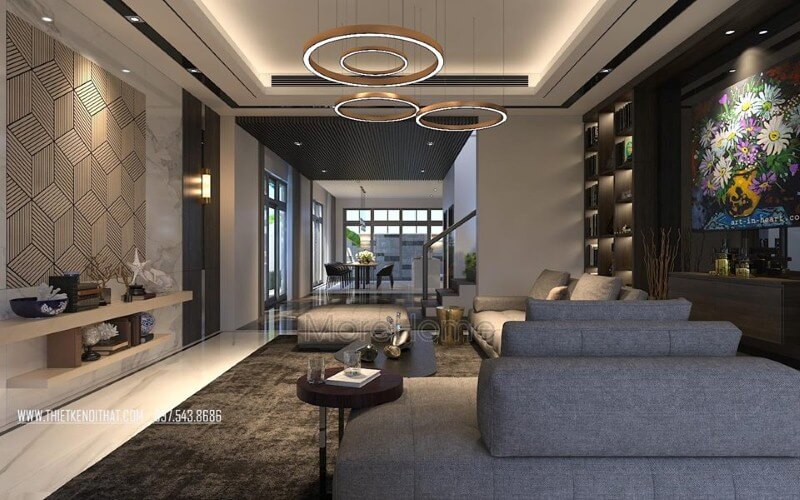 Bố trí tầng 1 đẹp, sang trọng cho nhà phố, biệt thự với ý tưởng thiết kế phòng khách kề phòng ăn theo phong cách hiện đại. Thiết kế phòng khách biệt thự