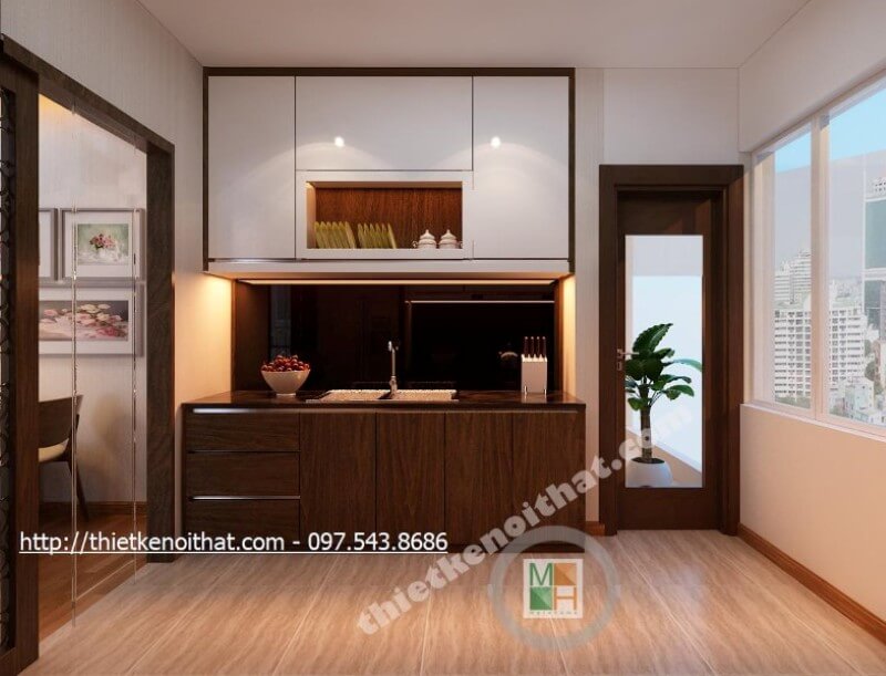 Thiết kế phòng bếp chung cư gọn gàng đơn giản mà vẫn đảm bảo được tính tiện nghi của nội thất Nội thất phòng bếp