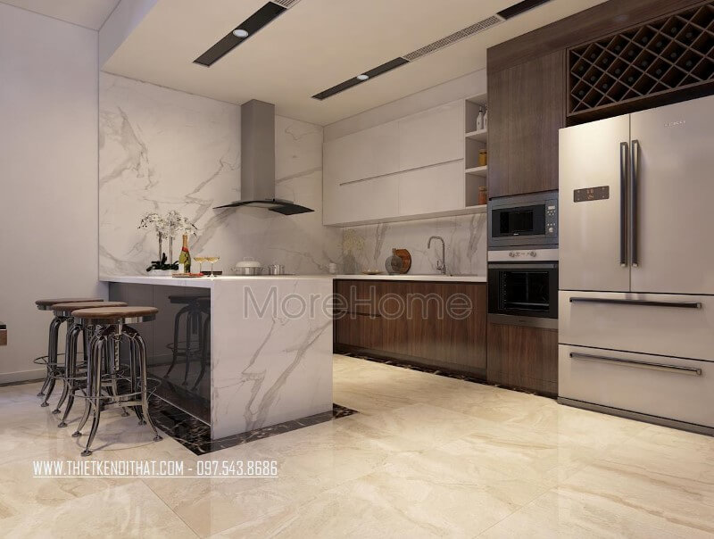Thiết kế phòng bếp hiện đại hình chữ U rộng rãi với việc kết hợp với bàn bar tiện lợi hơn cho người đầu bếp Nội thất phòng bếp