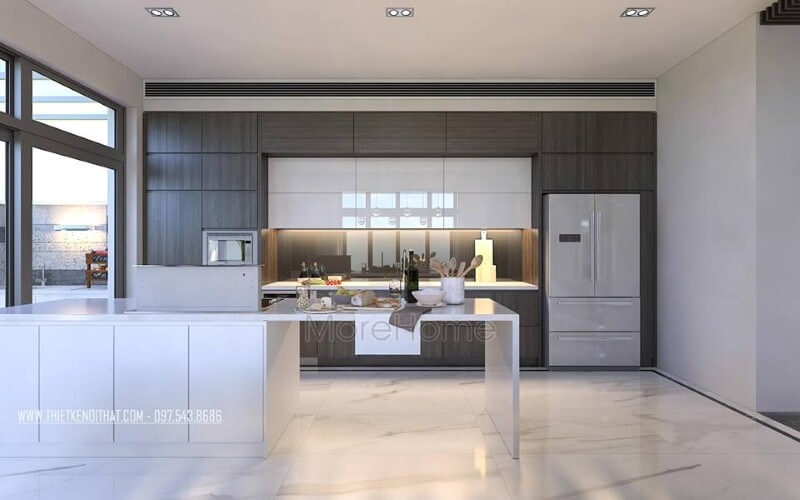 Tủ bếp đẹp, sang trọng từ gỗ công nghiệp An Cường cùng đá ốp nhân tạo cao cấp đã tạo nên vẻ đẹp hiện đại, độc đáo cho phòng bếp. Đá ốp bếp biệt thự