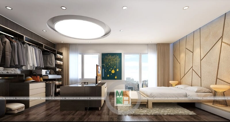 Mẫu thiết kế phòng ngủ hiện đại cho chung cư với đồ nội thất gỗ công nghiệp cao cấp: giường ngủ gỗ, tủ quần áo âm tường, tạp đầu giường, bàn trang điểm kết hợp với trần thạch cao lông lẫy mang đến cảm giác sang trọng cho căn phòng ngủ Thiết kế phòng ngủ