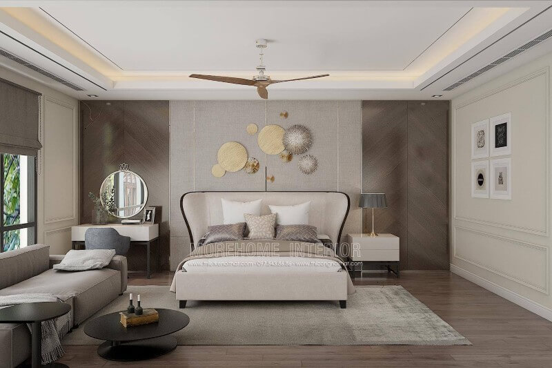 Thiết kế phòng ngủ rộng với nội thất gỗ cao cấp mang lại không gian thử giãn tuyệt vời cho gia chủ Thiết kế phòng ngủ