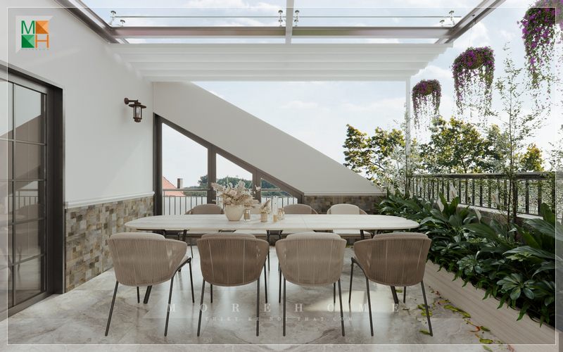 Một thiết kế sáng tạo của KTS Morehome khi kết hợp phòng ăn với khung cảnh thiên nhiên