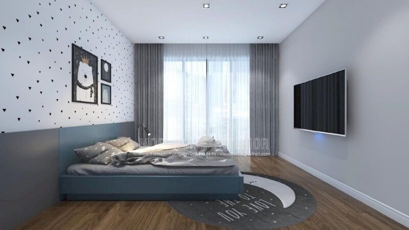 Giấy dán tường phòng bé đơn giản cùng bộ tranh hình con vật ngộ nghĩnh giúp phòng bé trở nên sinh động, đáng yêu.