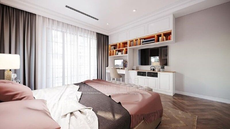 Bàn học liền kệ trang trí, kệ tivi, tủ đựng đồ tạo không gian đẹp, liền mạch, tối giản diện tích nhưng lại đảm bảo công năng hiệu quả cho phòng trẻ em