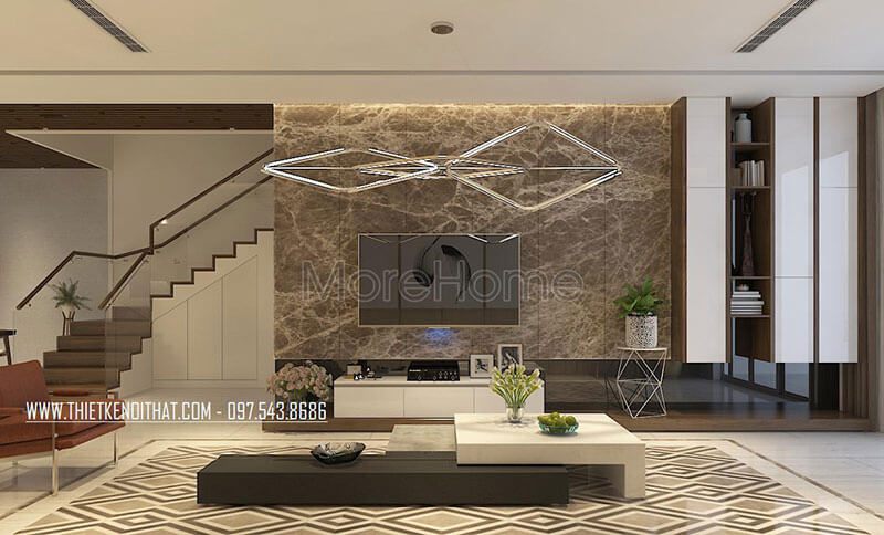 Thiết kế nội thất phòng khách hiện đại kết hợp giữa màu trắng và mảng tường màu tối bằng đá tự nhiên cao cấp tạo sự hài hòa, sang trọng