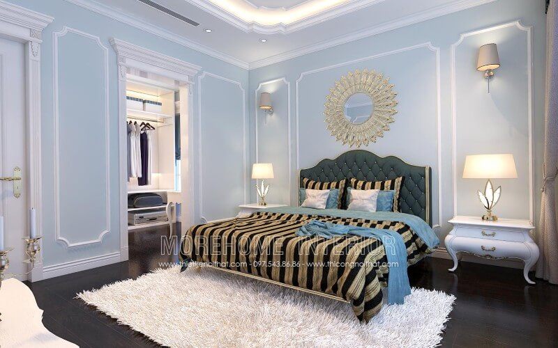 Thiết kế giường ngủ gỗ tự nhiên nhập khẩu cao cấp, phần đầu giường bọc da với tone màu xanh lạ mắt tạo sự phá cách, tô điểm thêm cho không gian sống của khách hàng luôn sinh động, thoải mái