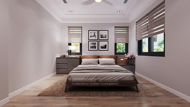 Thiết kế phòng ngủ biệt thự Starlake Tây Hồ đẹp với mẫu giường ngủ gỗ óc chó hiện đại