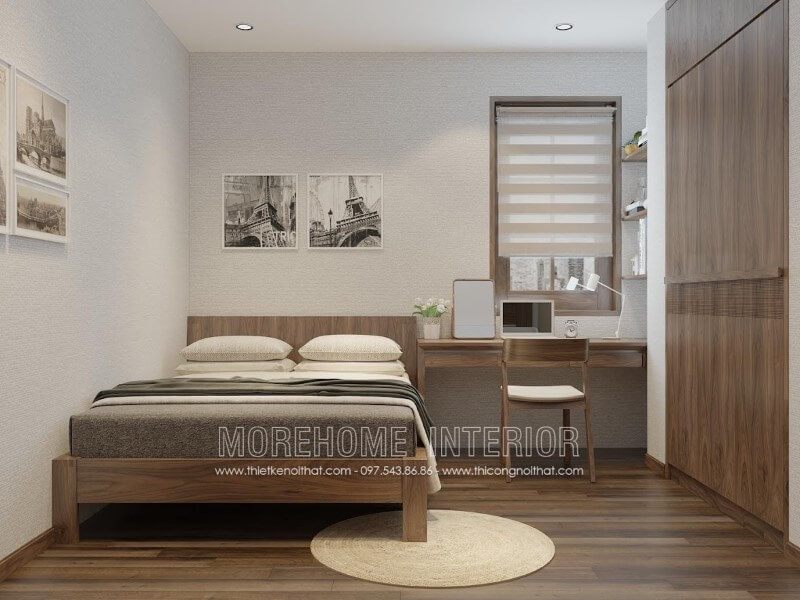 Trọn bộ sản phẩm đồ nội thất phòng ngủ bằng gỗ óc chó, bao gồm: giường ngủ đơn gỗ óc chó có chân, bàn học gỗ óc chó hiện đại, tủ quần áo gỗ óc chó
